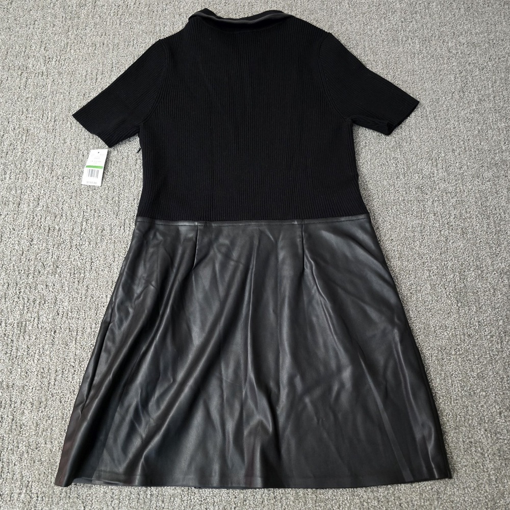 NWT Steve Madden L Black Rib Knit Faux Leather Zip Polo Mini Dress Pockets - Picture 8 of 8